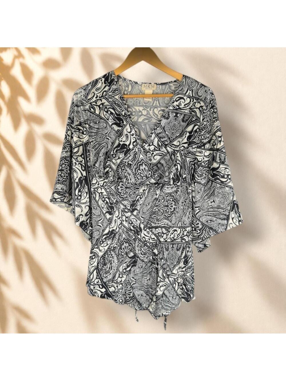 MKM Designs Blouse Women 1X Plus Black Paisley V-Neck Short Sleeve Casual